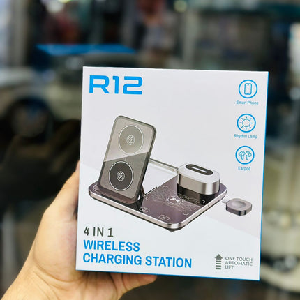 WIRELESS CHARGING STAND" emphasizes its functionality as a charging solution with added support for devices-"R12 4 IN 1