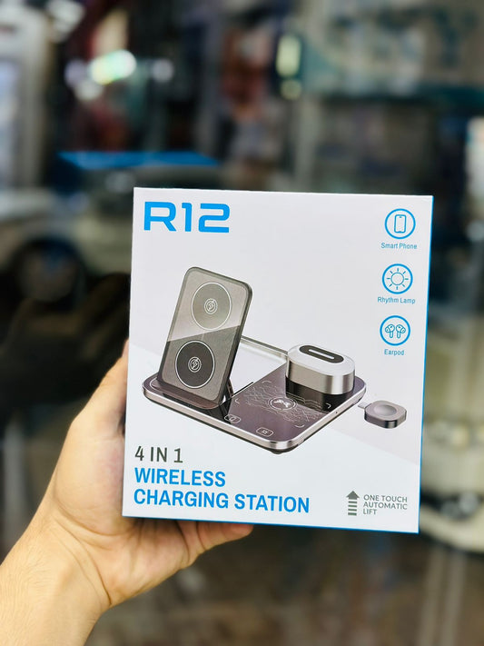 WIRELESS CHARGING STAND" emphasizes its functionality as a charging solution with added support for devices-"R12 4 IN 1