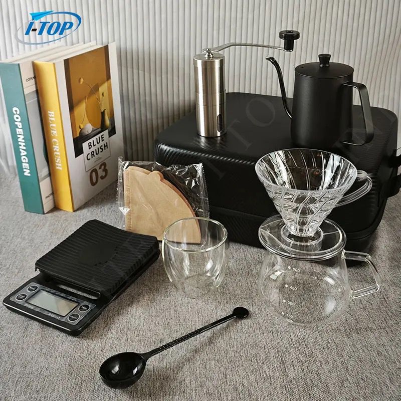Drip Coffee Maker 9 Pc V60 Coffee Kit Set | Manual Coffee Dripper Pour Over Coffee Maker Set with Portable Case, Coffee Grinder, Kettle, & Filter (CAUSAL BLACK)