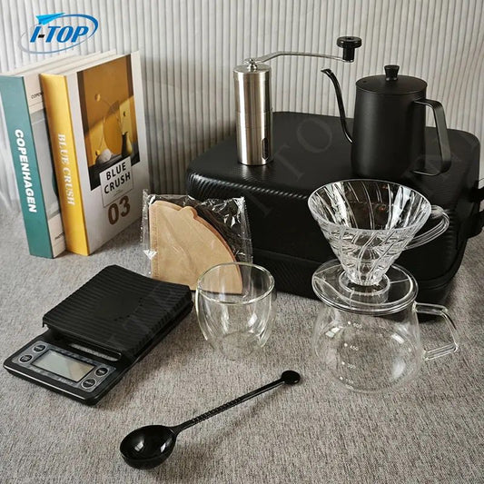 Drip Coffee Maker 9 Pc V60 Coffee Kit Set | Manual Coffee Dripper Pour Over Coffee Maker Set with Portable Case, Coffee Grinder, Kettle, & Filter (CAUSAL BLACK)