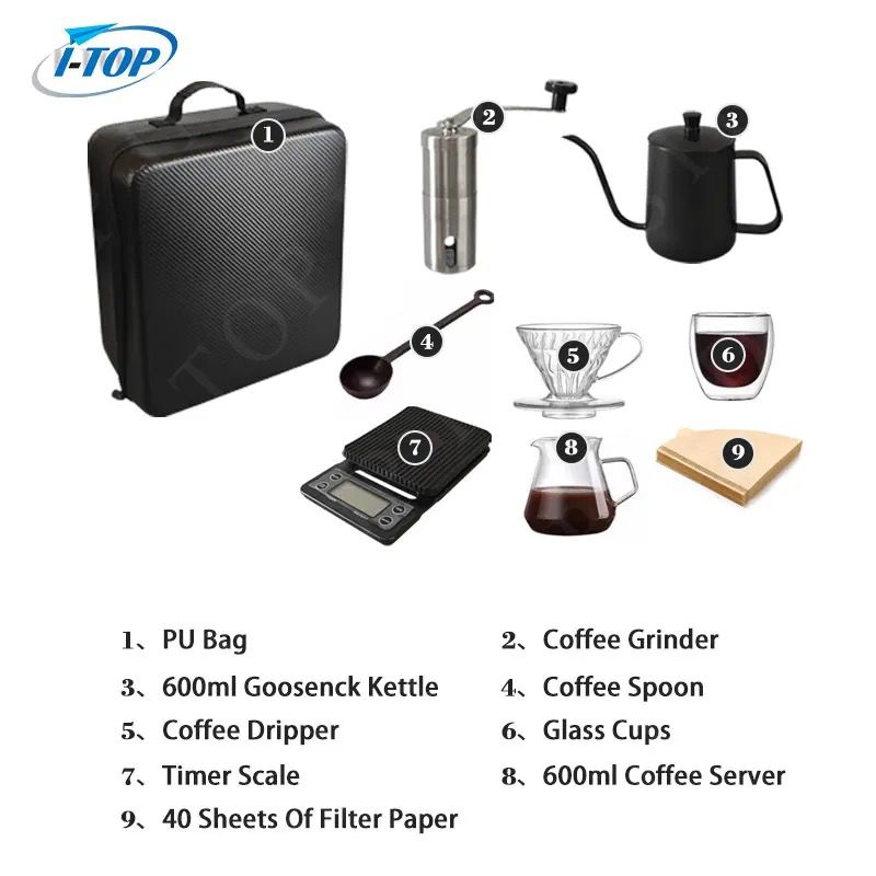 Drip Coffee Maker 9 Pc V60 Coffee Kit Set | Manual Coffee Dripper Pour Over Coffee Maker Set with Portable Case, Coffee Grinder, Kettle, & Filter (CAUSAL BLACK)