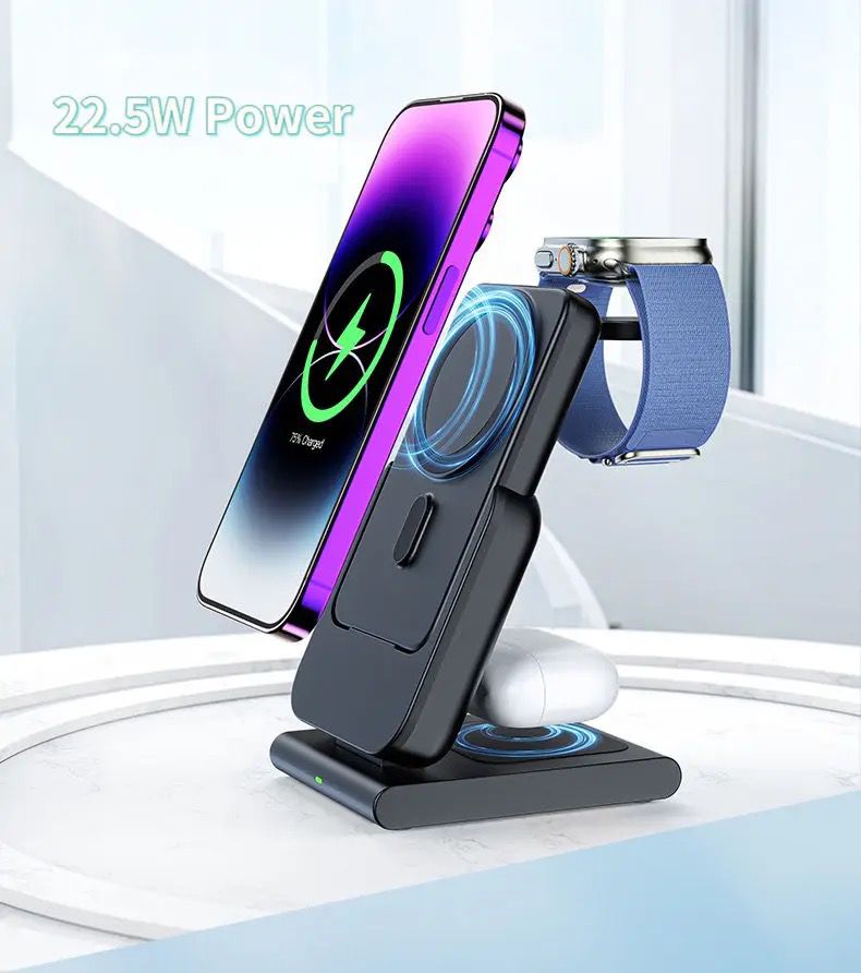 Foldable Wireless Charging Station with Detachable Power Bank (5000mAh, 23W)