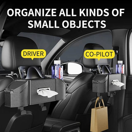 PEETTA Car Seat Back Organizer - Stylish & Functional Storage for Family Adventures - Cup Holders, Tissue Box & Hooks - Perfect for Kids, Road Trips & Travel (Black)