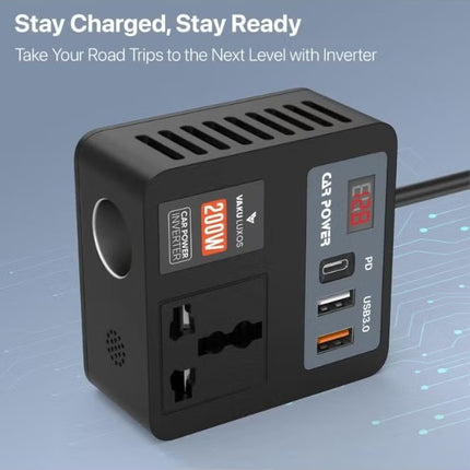 200W 5-in-1 Car Power Inverter & Laptop Charger | 12V/24V DC to 220V AC Converter with USB-C PD 30W, QC3.0, LED Display