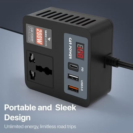 200W 5-in-1 Car Power Inverter & Laptop Charger | 12V/24V DC to 220V AC Converter with USB-C PD 30W, QC3.0, LED Display