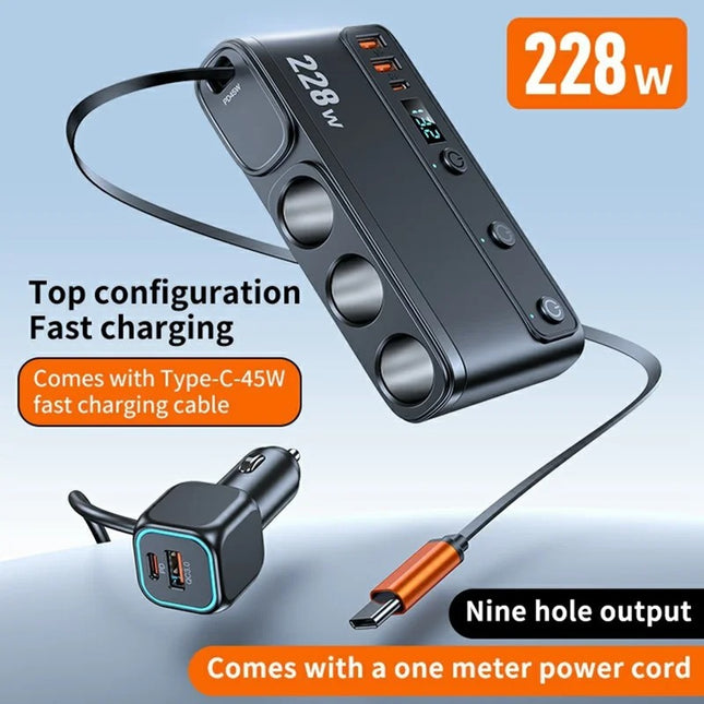 228W Multi-Port Car Charger Adapter – 3 Cigarette Lighter Sockets, 4 USB Ports, Retractable Cable, Fast Charging with LED Display