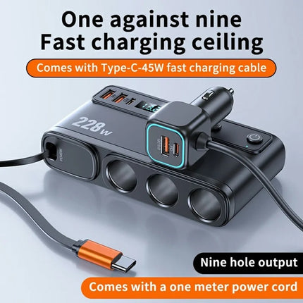 228W Multi-Port Car Charger Adapter – 3 Cigarette Lighter Sockets, 4 USB Ports, Retractable Cable, Fast Charging with LED Display