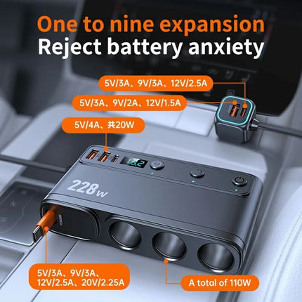 228W Multi-Port Car Charger Adapter – 3 Cigarette Lighter Sockets, 4 USB Ports, Retractable Cable, Fast Charging with LED Display