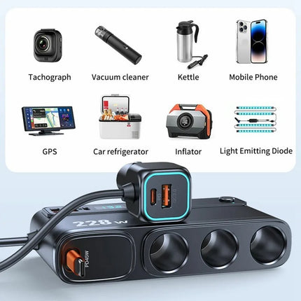 228W Multi-Port Car Charger Adapter – 3 Cigarette Lighter Sockets, 4 USB Ports, Retractable Cable, Fast Charging with LED Display