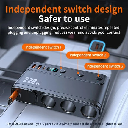 228W Multi-Port Car Charger Adapter – 3 Cigarette Lighter Sockets, 4 USB Ports, Retractable Cable, Fast Charging with LED Display