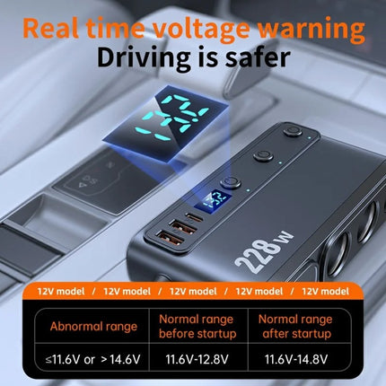 228W Multi-Port Car Charger Adapter – 3 Cigarette Lighter Sockets, 4 USB Ports, Retractable Cable, Fast Charging with LED Display