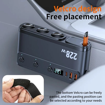 228W Multi-Port Car Charger Adapter – 3 Cigarette Lighter Sockets, 4 USB Ports, Retractable Cable, Fast Charging with LED Display