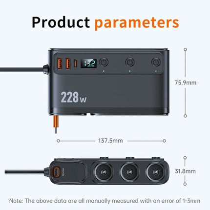 228W Multi-Port Car Charger Adapter – 3 Cigarette Lighter Sockets, 4 USB Ports, Retractable Cable, Fast Charging with LED Display