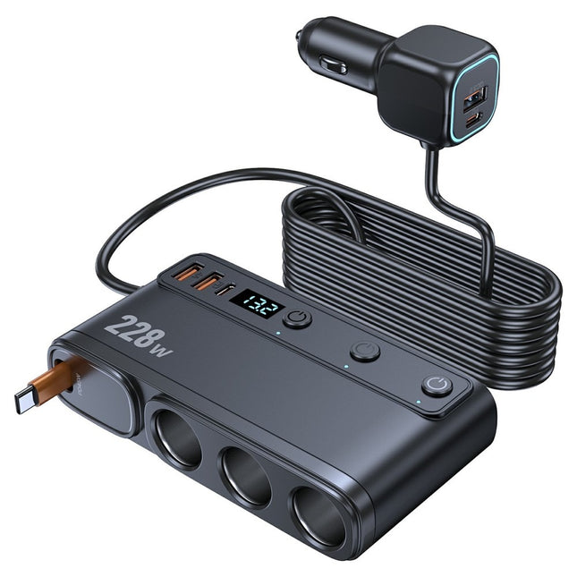 228W Multi-Port Car Charger Adapter – 3 Cigarette Lighter Sockets, 4 USB Ports, Retractable Cable, Fast Charging with LED Display