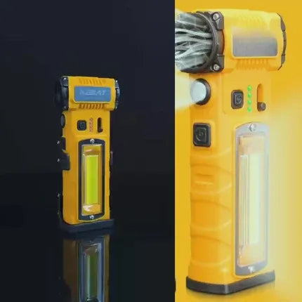 A yellow and black handheld flashlight shown in two views: a smaller side profile on a dark reflective background on the left, and a larger front view on a yellow gradient background on the right. The flashlight has a bright yellow body, black accents, a clear front light panel, and visible buttons and ports.