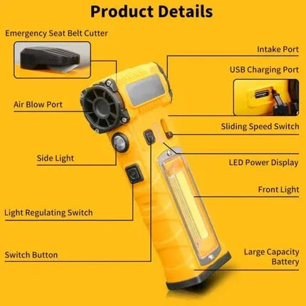 A yellow handheld flashlight-style device labeled with feature callouts such as emergency seat belt cutter, intake port, USB charging port, sliding speed switch, LED power display, front light, light regulating switch, side light, switch button, and large capacity battery, on a yellow background.