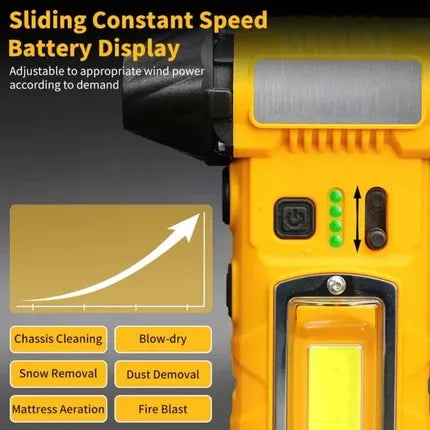 Yellow and black cordless vacuum cleaner with a sliding brush head, featuring a battery display screen, control buttons, and a graphic showing suction speed improvement along with text listing cleaning functions.