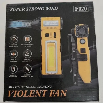 Boxed product for a multifunctional handheld wind device labeled 'SUPER STRONG WIND' and 'VIOLENT FAN', showing the yellow-and-black device on the front of the retail packaging.