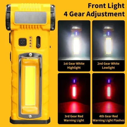 Yellow and black portable flashlight shown on a yellow background with text reading 'Front Light 4 Gear Adjustment' and four inset demo panels showing white and red light outputs.