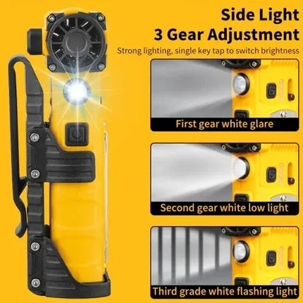 Yellow and black tactical flashlight shown on a bright yellow background with text reading 'Side Light 3 Gear Adjustment' and three inset panels demonstrating different light outputs.
