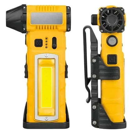 A yellow and black multi-functional outdoor emergency flashlight shown from two angles: a front view displaying a COB LED light panel and a side view showing a built-in pocket clip and fan.