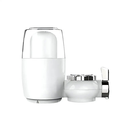 A white water filter faucet adapter with a clear top cover and a silver and black valve handle, shown on a solid white background.peetta-best online uae store