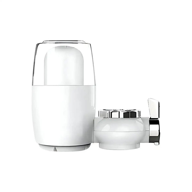 A white water filter faucet adapter with a clear top cover and a silver and black valve handle, shown on a solid white background.peetta-best online uae store
