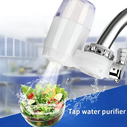 A white and silver tap water purifier filter attached to a kitchen faucet, with water spraying into a bowl of salad. The image includes the text 'Tap water purifier' on a blue banner at the bottom. .peetta-best online uae store