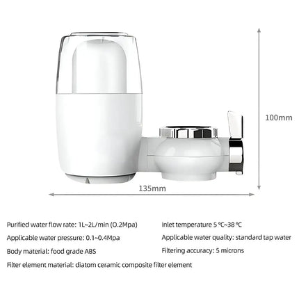 White water filter faucet with dimension markings showing 135mm width and 100mm height, plus text listing water flow rate, pressure, body material, and filter accuracy on a light gray background..peetta-best online uae store