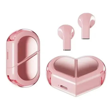 Pink wireless earbuds and matching glossy heart-shaped charging cases on a clean white background.Cute Pink Heart Wireless Earbuds with Charging Case UAE