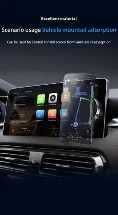 A smartphone shown mounted in front of a car infotainment screen, demonstrating a transparent or tinted windshield adhesive/protector product. Text at the top reads 'Excellent material' and 'Scenario usage Vehicle mounted adsorption Can be used for central control screen front windshield adsorption. peetta-VacuumSuctionCarMount-MagneticUniversalPhoneHolder1