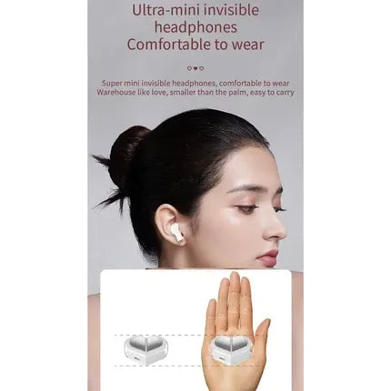 Promotional graphic for ultra-mini invisible wireless headphones. A woman in profile wears a small white earbud, with text above describing them as comfortable to wear and smaller than a palm.Bluetooth Earbuds for Small Ears Girls and Kids UAE