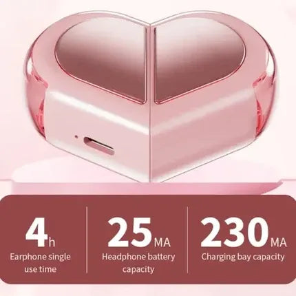 A pair of heart-shaped wireless earbuds in a glossy translucent pink case, shown above feature text highlighting 4 hours of use time, 25 mA headphone battery capacity, and 230 mA charging bay capacity.Heart Shaped Wireless Earbuds Compatible with iPhone and Android UAE