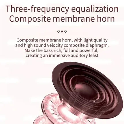 Promotional graphic for a three-frequency equalization composite membrane horn speaker, showing a stylized cutaway view of the speaker with text describing its bass and sound velocity features.Heart Shaped Wireless Earbuds Compatible with iPhone and Android UAE