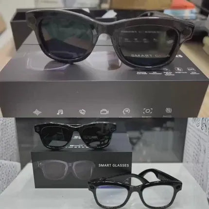 A pair of black smart glasses with dark lenses, shown resting on top of and in front of their black retail packaging boxes. The glasses feature a glossy, slightly textured frame. AI Translator Glasses with WiFi Audio UAE