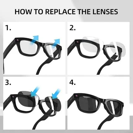 Instructional diagram titled 'HOW TO REPLACE THE LENSES' showing four numbered steps with black-framed eyeglasses and blue arrows indicating lens removal and replacement. Smart Sunglasses with Camera Video Recording UAE