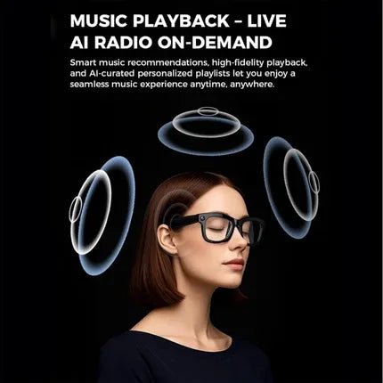 A woman wearing black smart glasses with a subtle AI-curated music interface graphic around her head on a black background, with promotional text at the top reading 'MUSIC PLAYBACK - LIVE AI RADIO ON- AI Smart Glasses with Camera and Translator UAE DEMAND'.