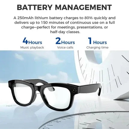 Black smart glasses with clear lenses shown on a reflective surface, with marketing text above about battery management and usage times for music, voice calls, and charging. AI Translator Glasses with WiFi Audio UAE