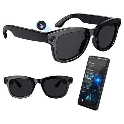 Black smart sunglasses with an integrated camera lens, shown from multiple angles alongside a smartphone displaying a companion app interface, on a plain white background. AI Smart Glasses with Camera and Translator UAE