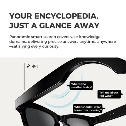 Black smart glasses with dark lenses shown on a light background, with text describing voice-based smart search capabilities and callout bubbles suggesting weather and outfit queries. Anti Blue Light Smart Glasses with Camera UAE