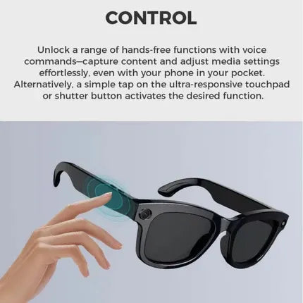 Smart glasses with touchpad control on a light blue background.Anti Blue Light Smart Glasses with Camera UAE PEETTA