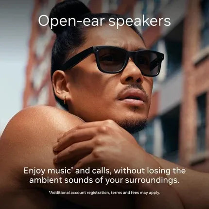 Person wearing sunglasses with text about open-ear speakers and their benefits. Bluetooth Smart Glasses for Travel and Daily Use UAE peetta